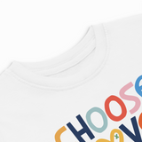 Colorful text on a white shirt with 'HOOSE' branding.