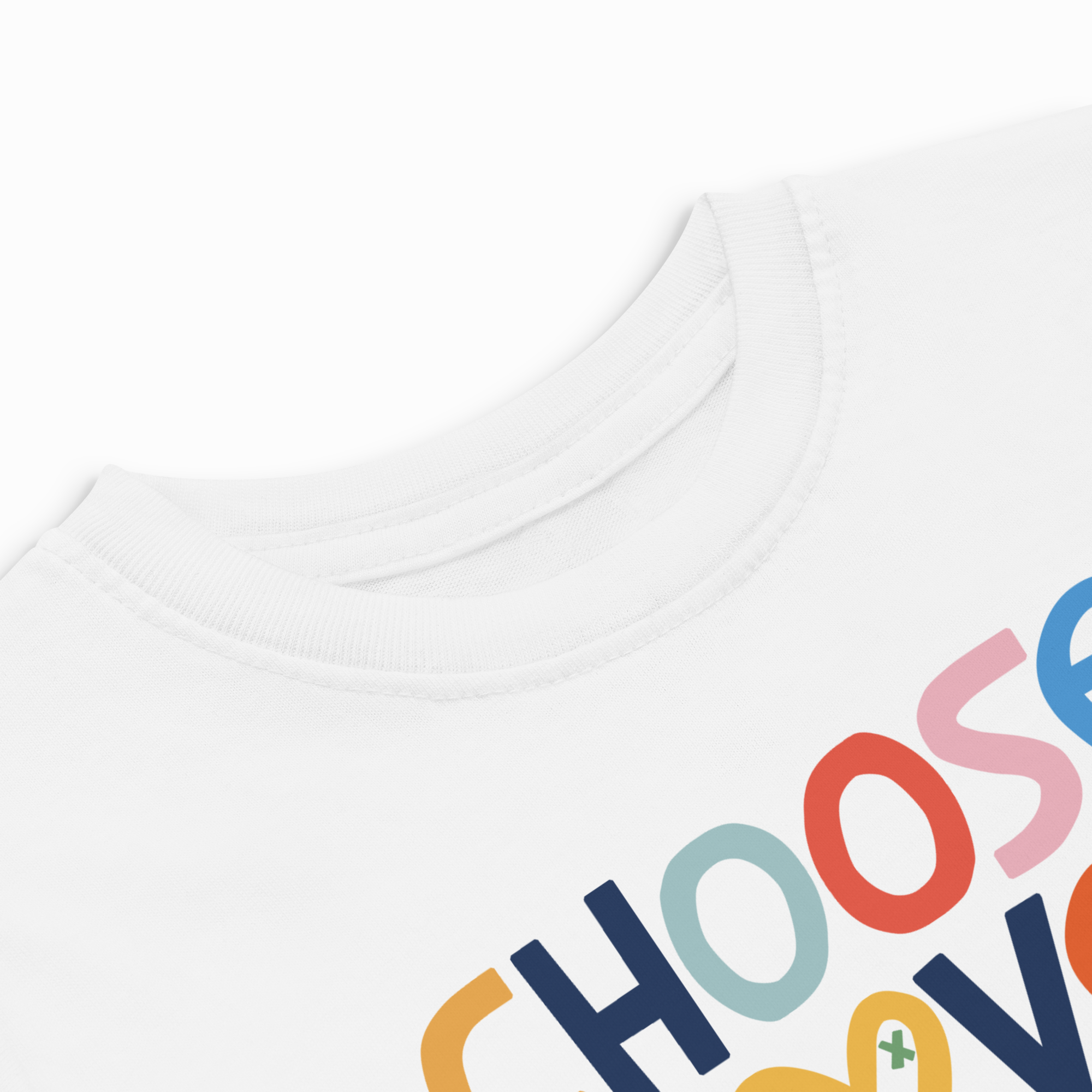 Colorful text on a white shirt with 'HOOSE' branding.