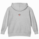 A light heather gray hoodie shown from the back, featuring a small graphic with the word 'father' in black and a red heart in the center.
