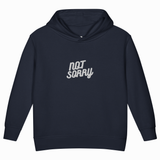 A navy blue pullover hoodie with the words 'NOT SORRY' printed in a white stylized font on the chest, displayed against a solid white background.