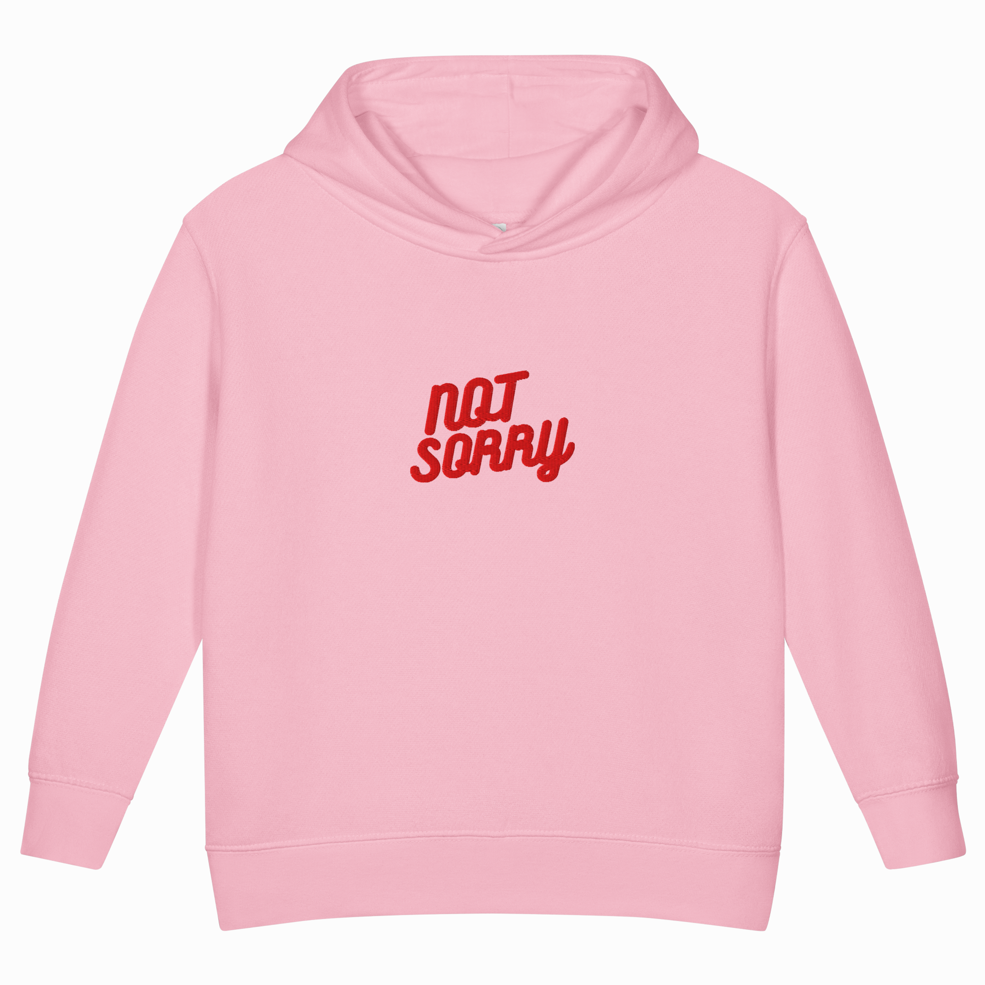 A light pink children's pullover hoodie with the words 'NOT SORRY' printed in red across the chest, shown against a plain white background.