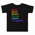 Black t-shirt with colorful motivational text on a white background