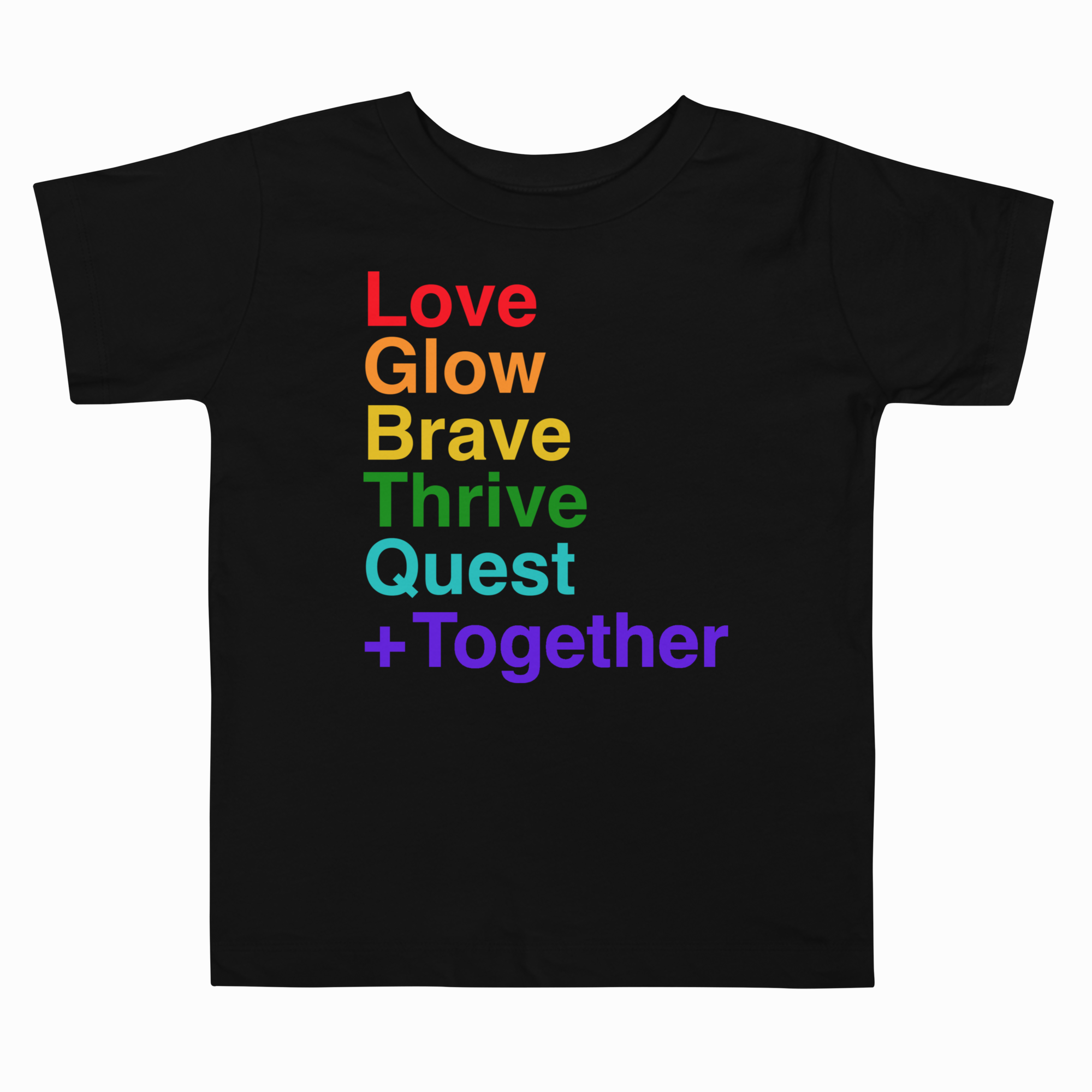 Black t-shirt with colorful motivational text on a white background