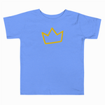 Blue t-shirt with a yellow crown design on a white background