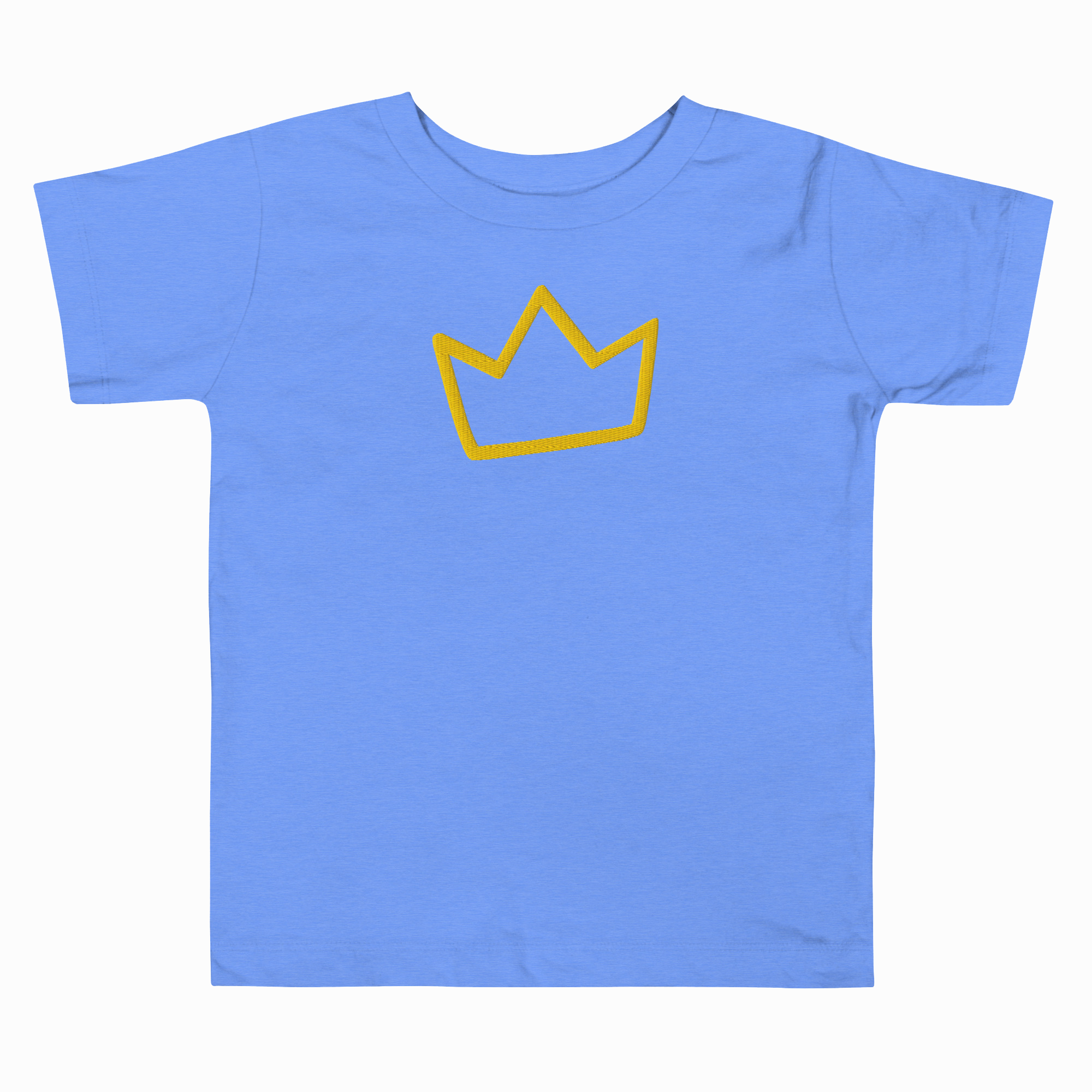 Blue t-shirt with a yellow crown design on a white background