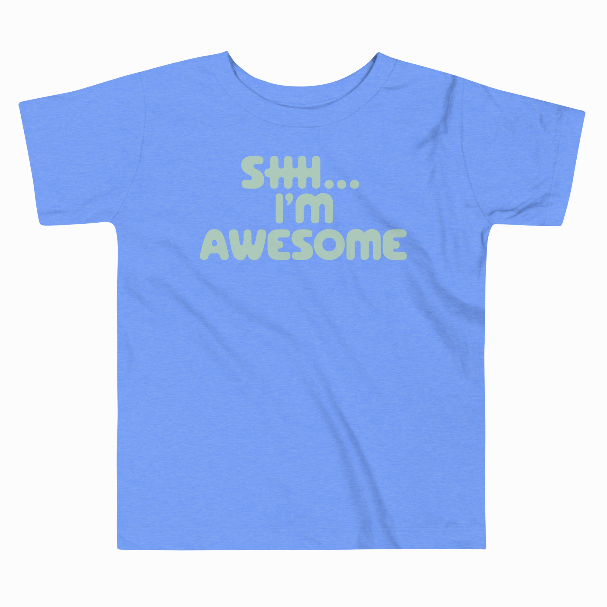 Blue t-shirt with 'SHH... I'm Awesome' text on a white background
