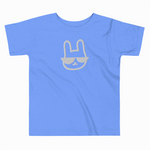 Blue t-shirt with a graphic of a rabbit wearing sunglasses on a white background