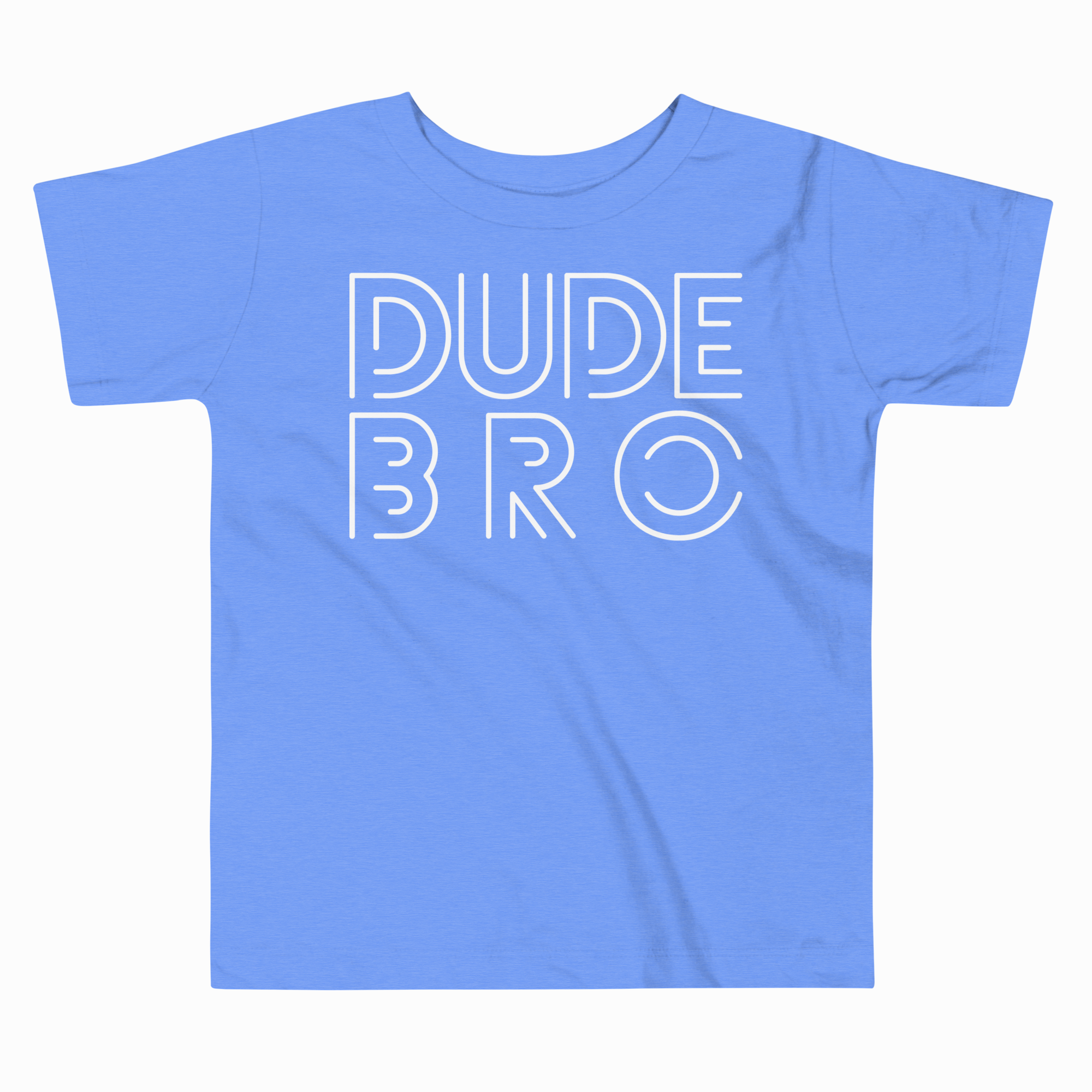 Blue t-shirt with 'DUDE BRO' text in white on a white background