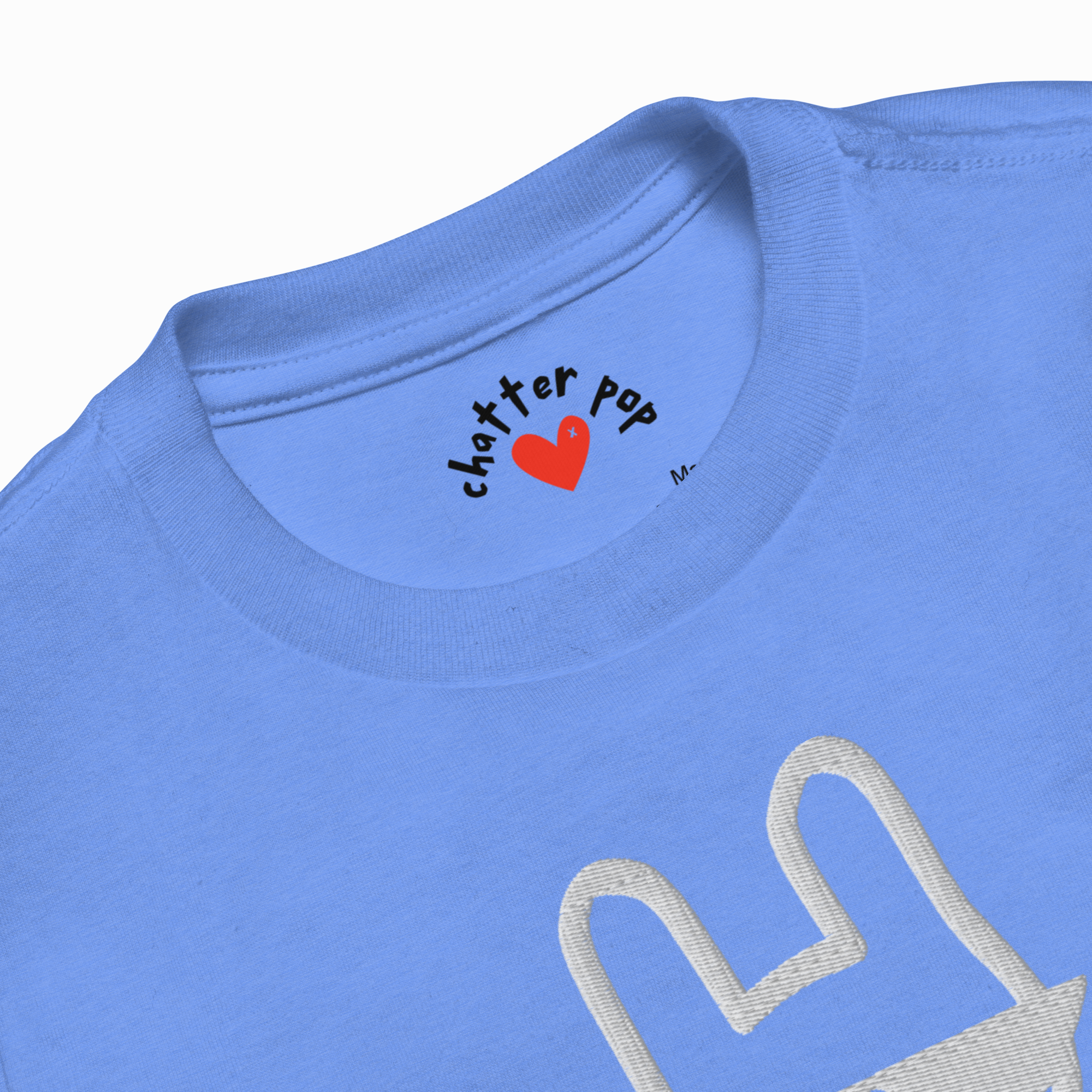 Blue t-shirt with 'Chatter Pop' logo and design on a white background
