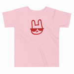 Pink t-shirt with a red graphic of a face wearing sunglasses on a white background