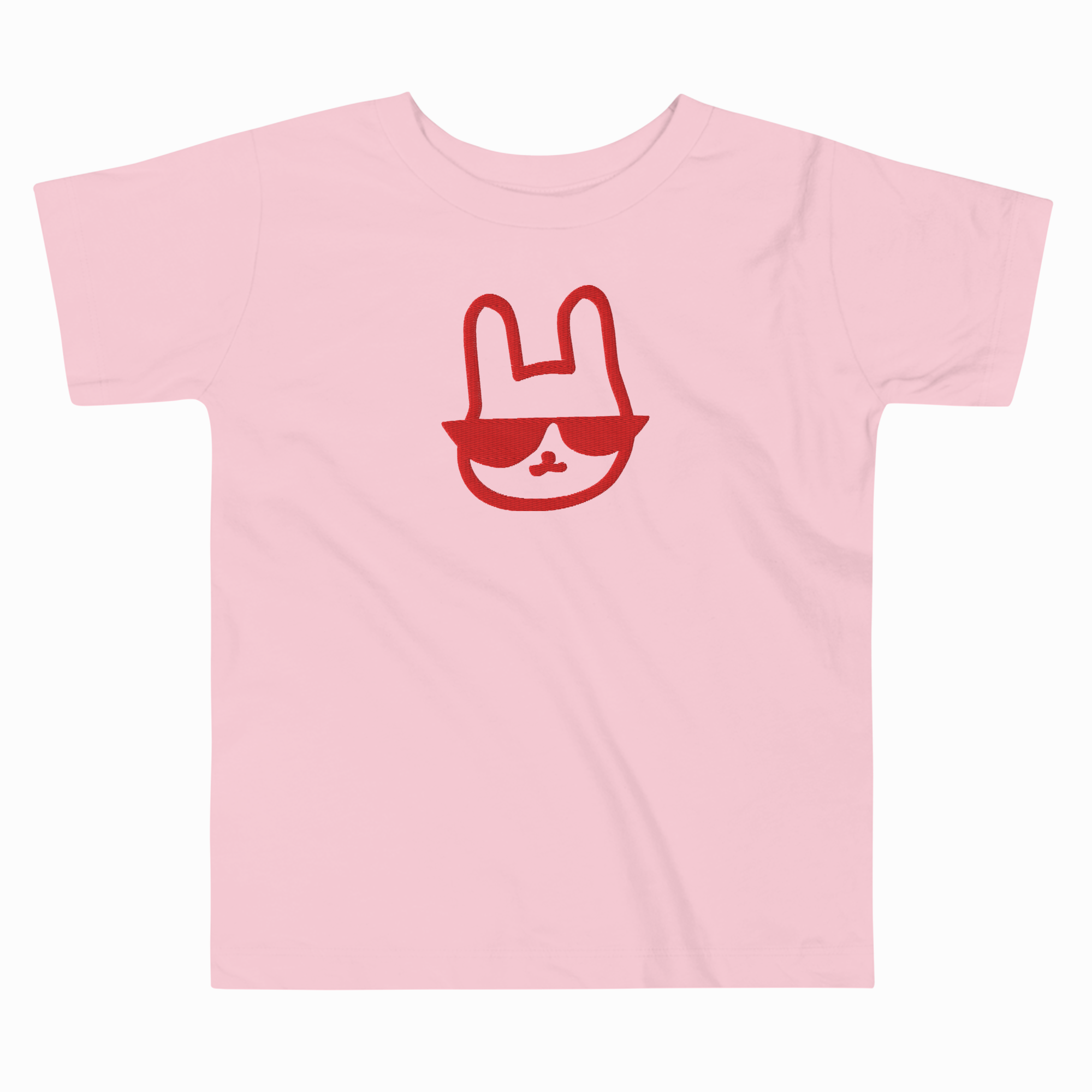 Pink t-shirt with a red graphic of a face wearing sunglasses on a white background