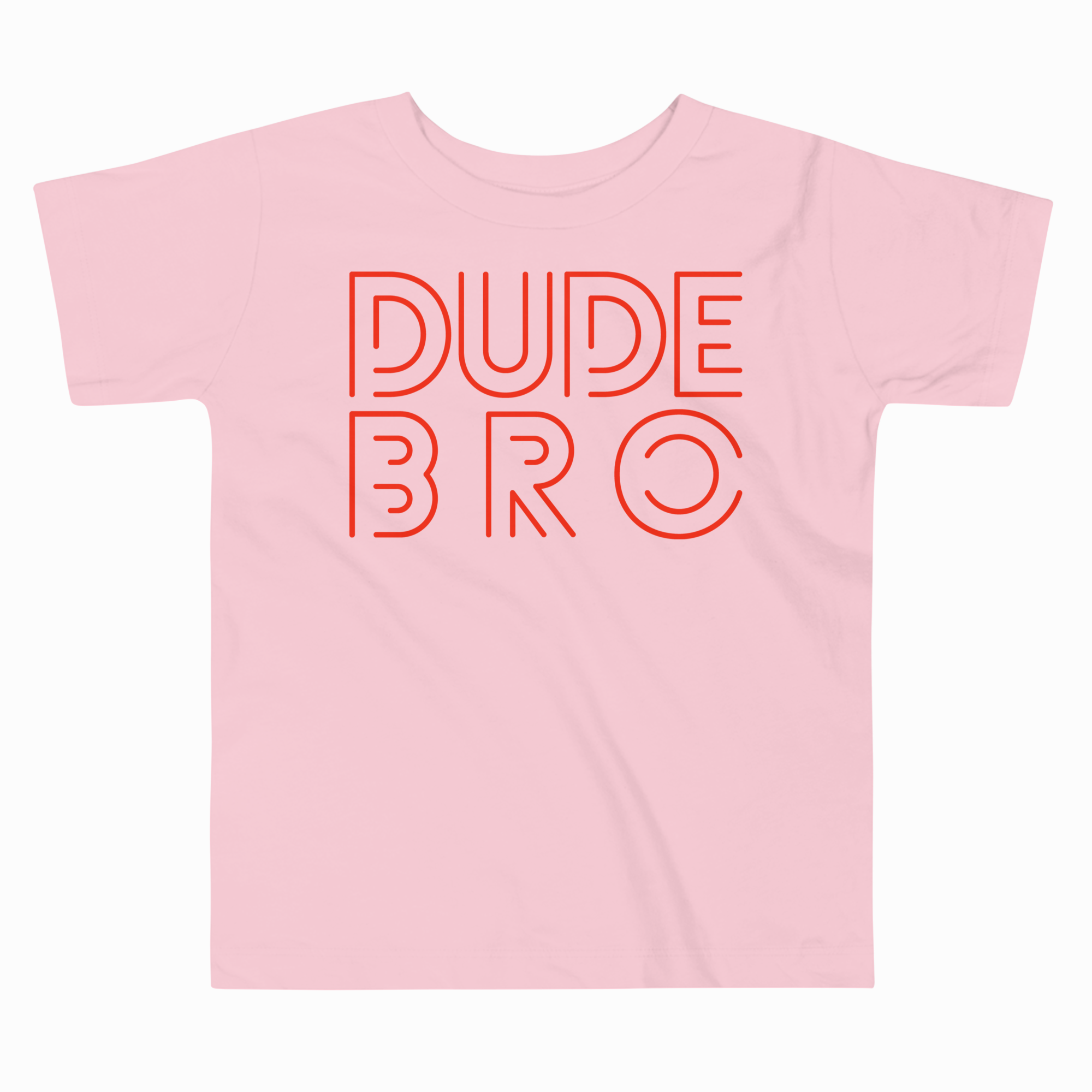 Pink t-shirt with 'DUDE BRO' text in red on a white background