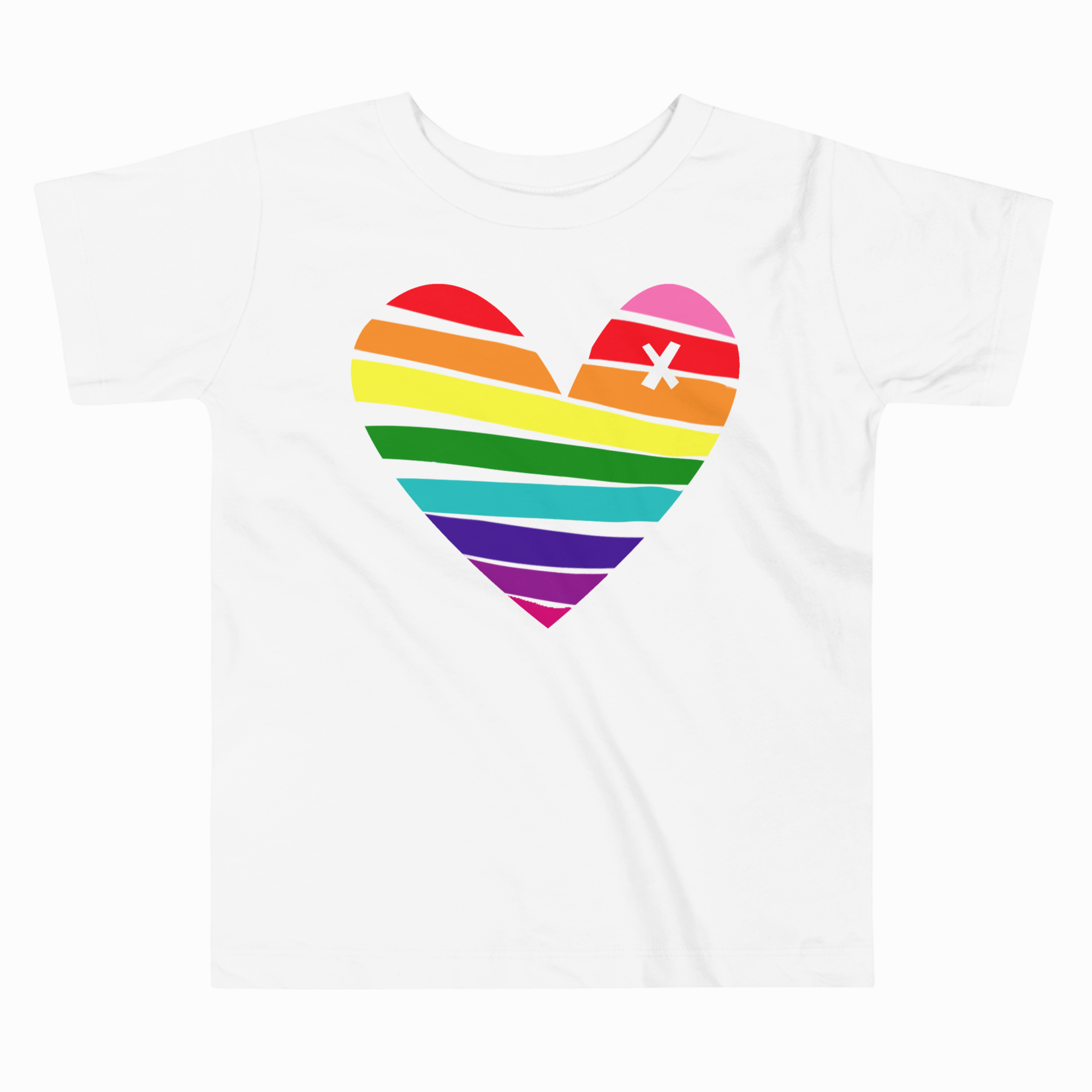 White t-shirt with a rainbow heart design on a white background