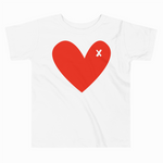 White t-shirt with a red heart and 'X' symbol on a white background