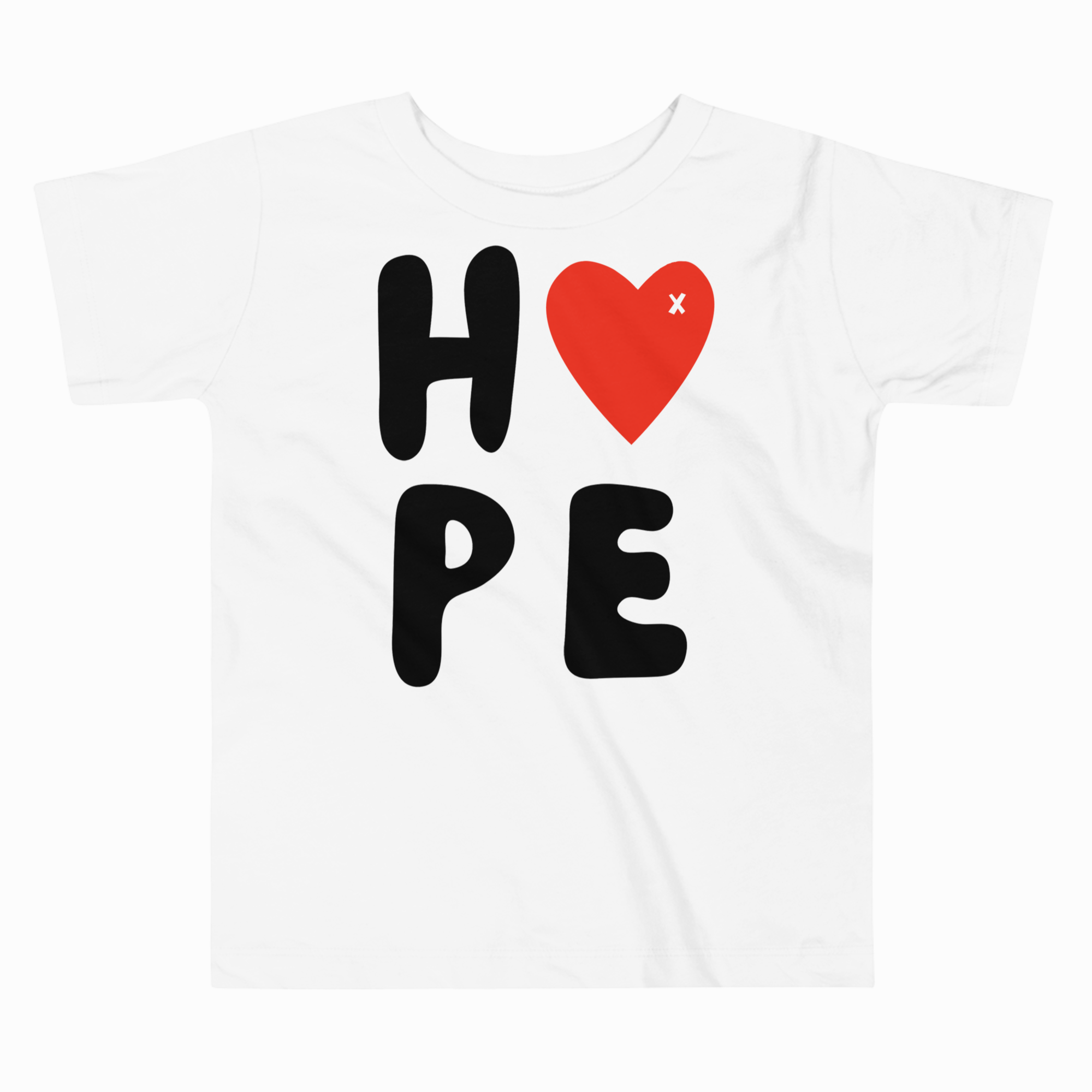 White t-shirt with 'HOPE' and a red heart design on a white background