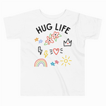 White t-shirt with colorful graphics and 'HUG LIFE' text on a white background