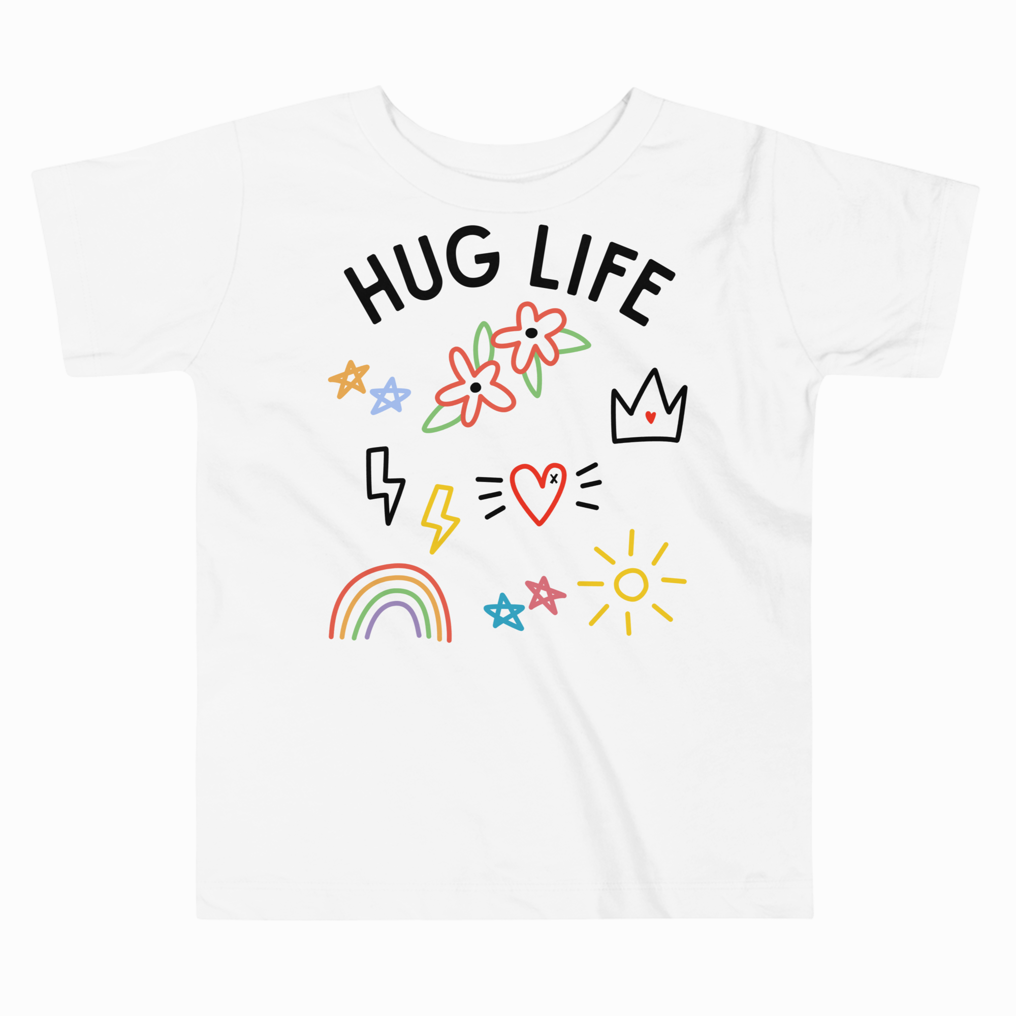 White t-shirt with colorful graphics and 'HUG LIFE' text on a white background