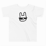 White t-shirt with a black rabbit face design wearing sunglasses on a white background