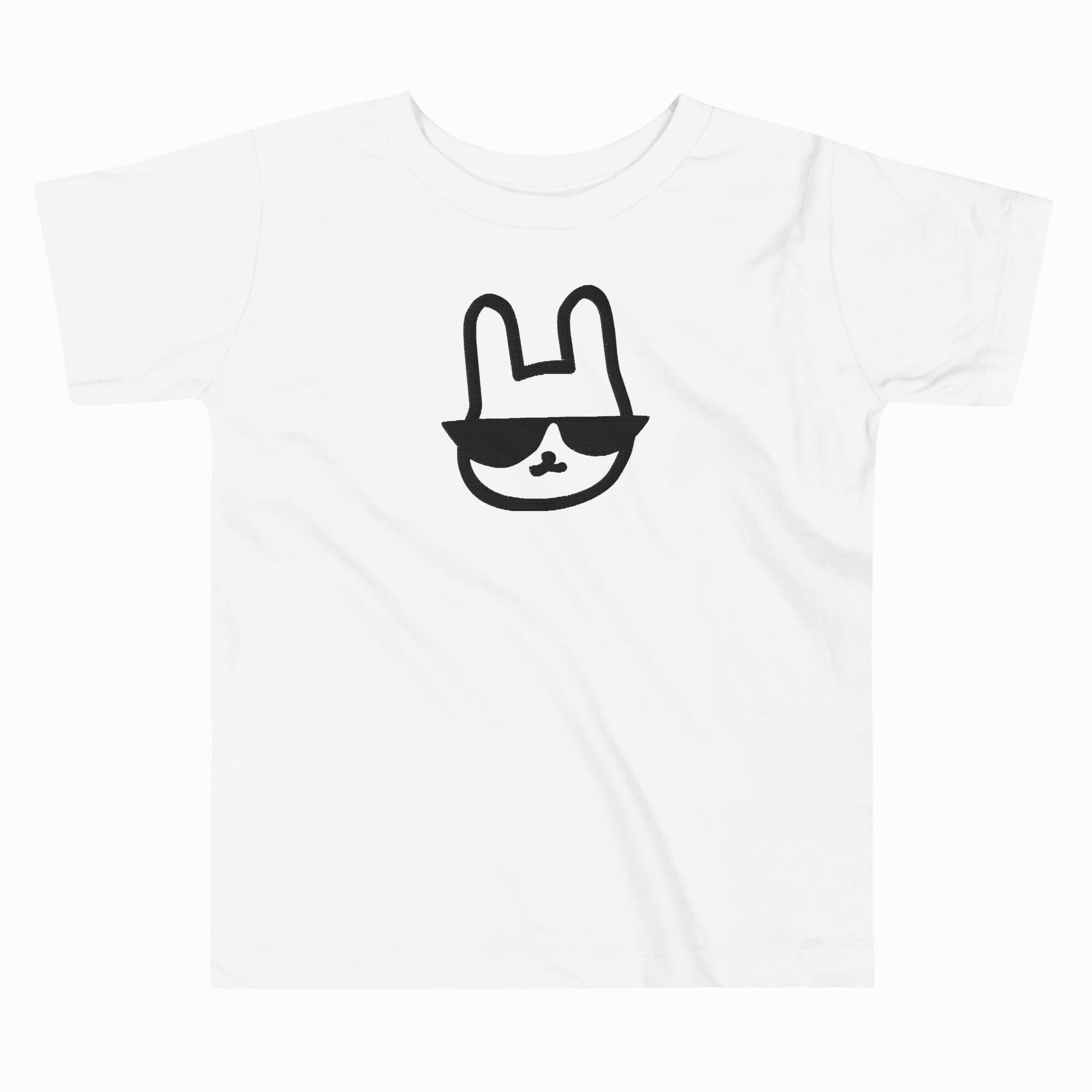 White t-shirt with a black rabbit face design wearing sunglasses on a white background