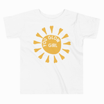 White t-shirt with a yellow sun graphic and 'You Glow Girl' text on a white background