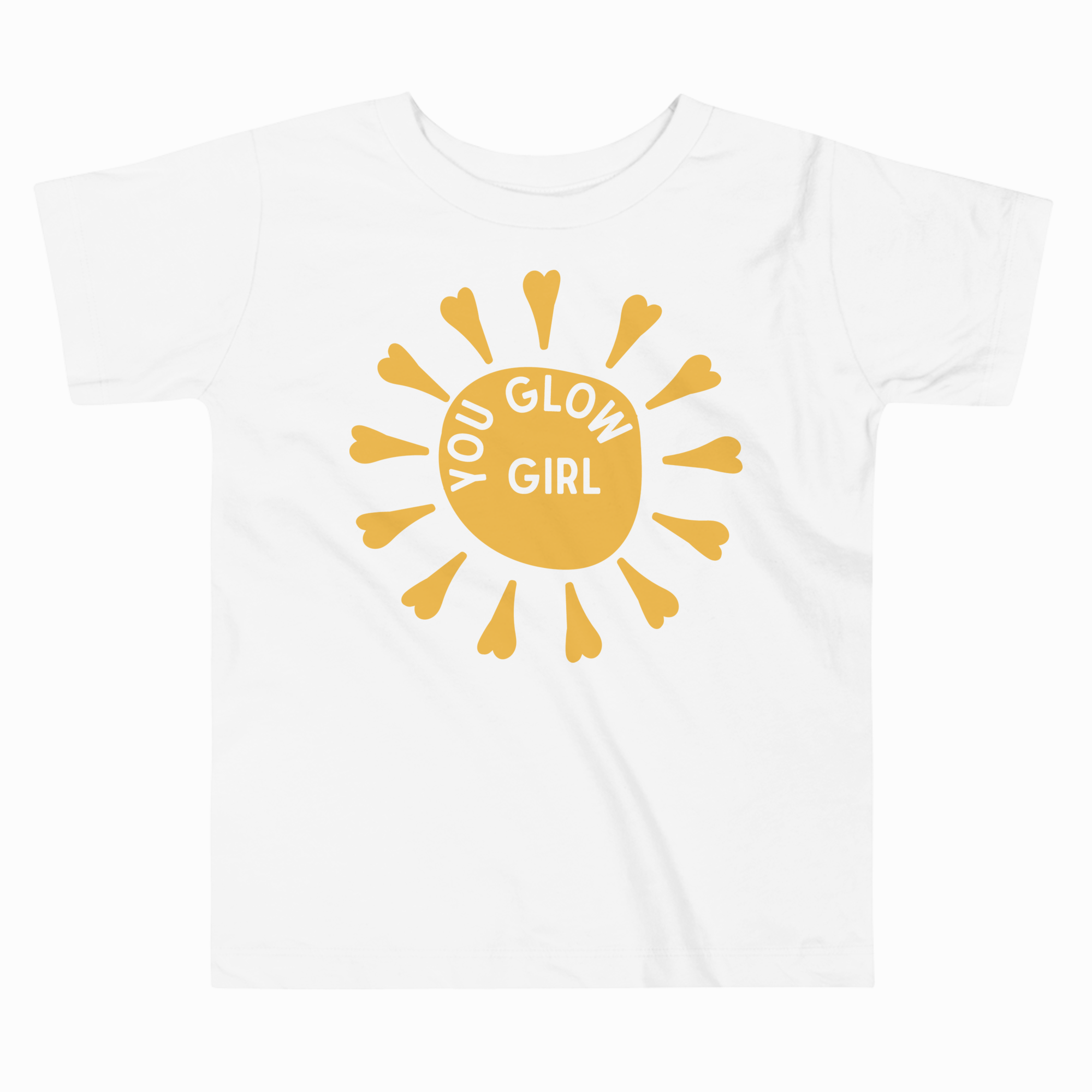 White t-shirt with a yellow sun graphic and 'You Glow Girl' text on a white background