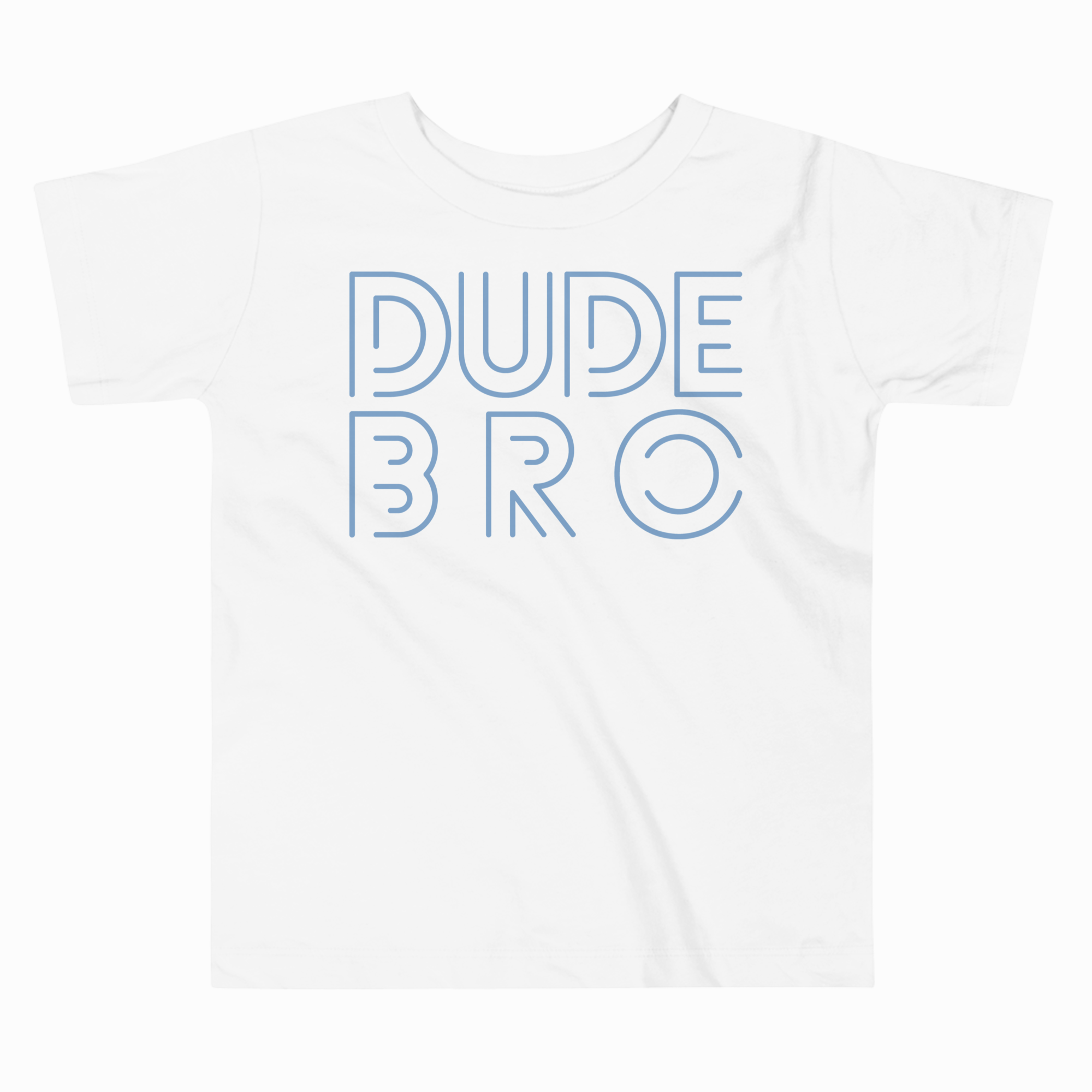 White t-shirt with 'DUDE BRO' text in blue on a white background