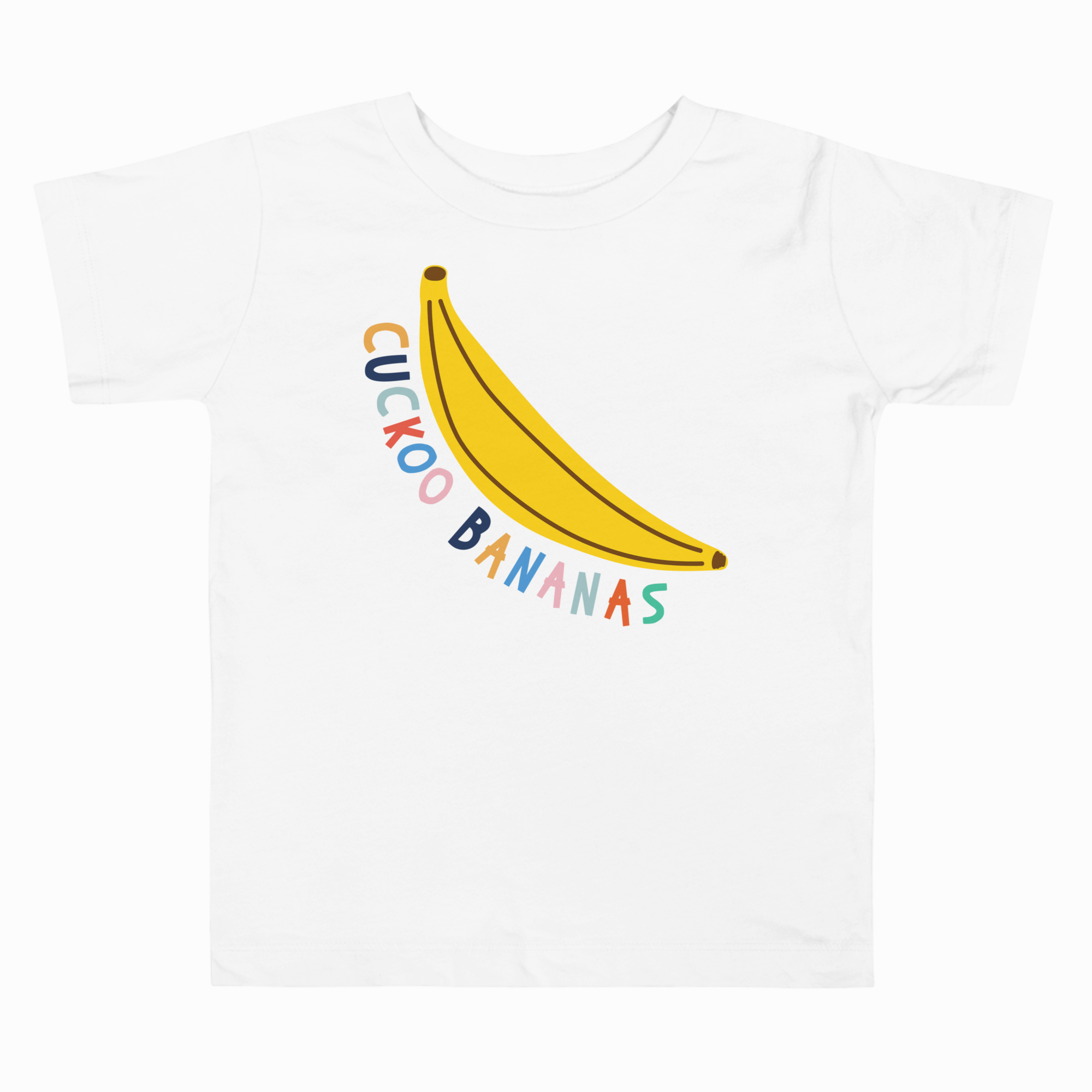 A white short-sleeve crewneck t-shirt featuring a graphic of a yellow banana with the text 'CICKOO BANANAS' written in colorful, playful lettering.