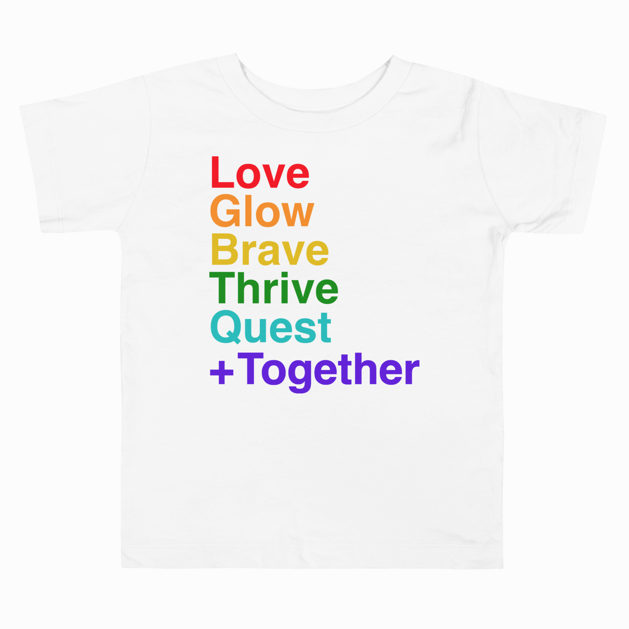 White t-shirt with motivational text in rainbow colors on a white background
