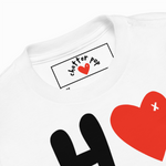 White shirt with 'chatter pop' logo and red heart design on a white background