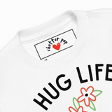 White t-shirt with 'Hug Life' text and floral design, featuring the brand 'Chatter Pop'.