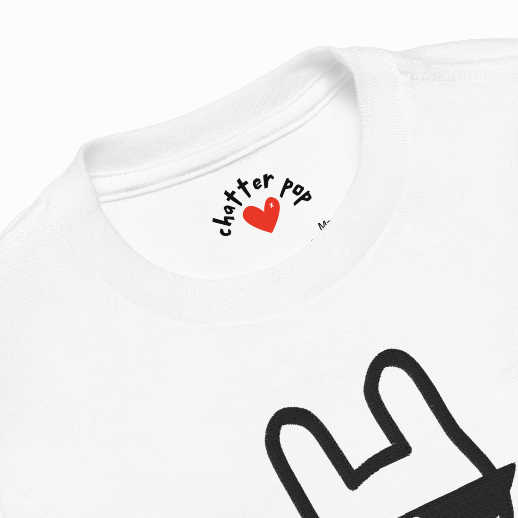 White t-shirt with 'Chatter Pop' logo and peace sign design on a white background