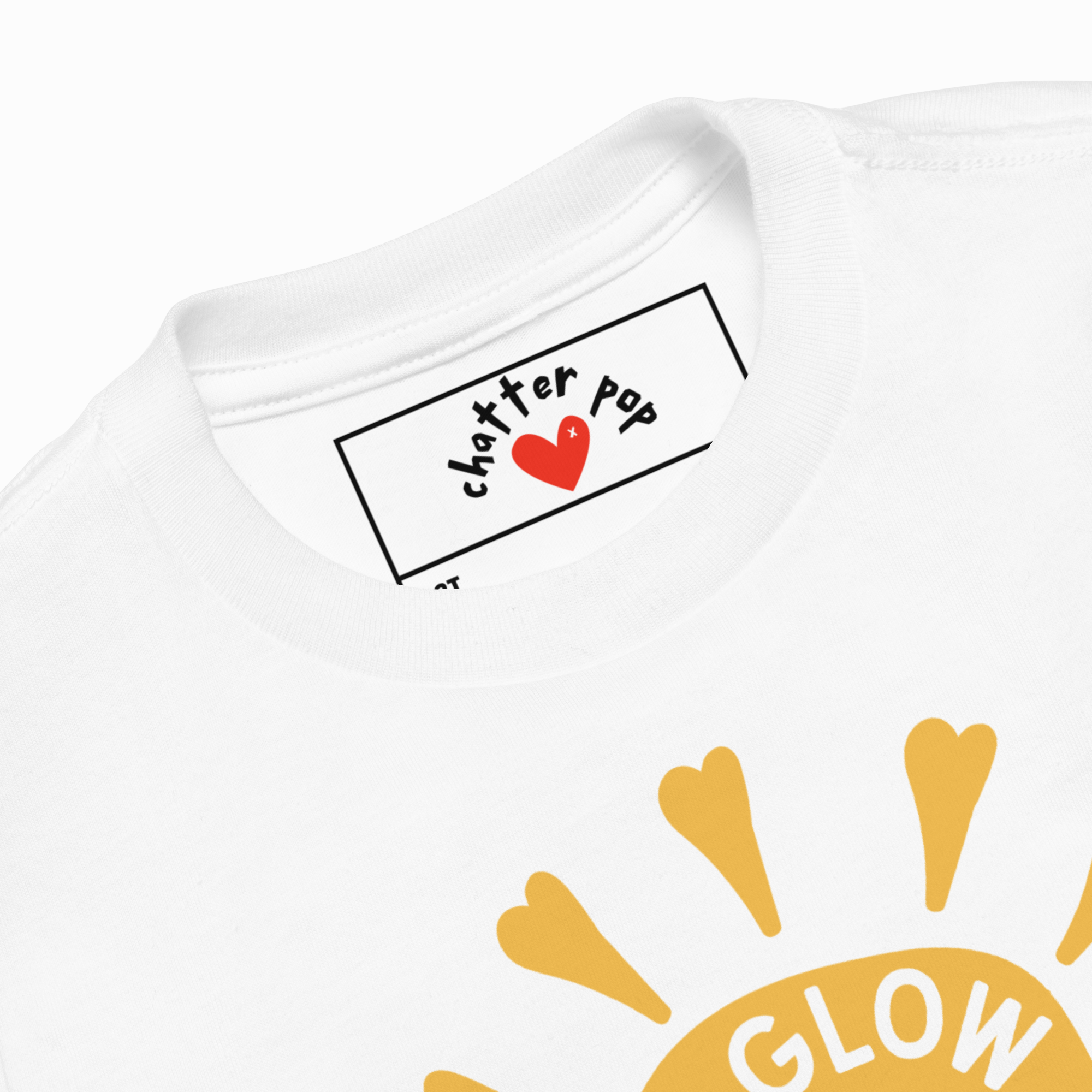 White t-shirt with 'Chatter Pop' logo and sun design on a white background