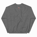 Gray sweatshirt with a brand logo on the chest area against a white background
