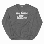 Dark gray sweatshirt with white graphic and text on a white background