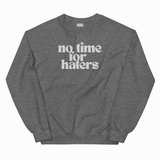 Dark gray sweatshirt with white graphic and text on a white background