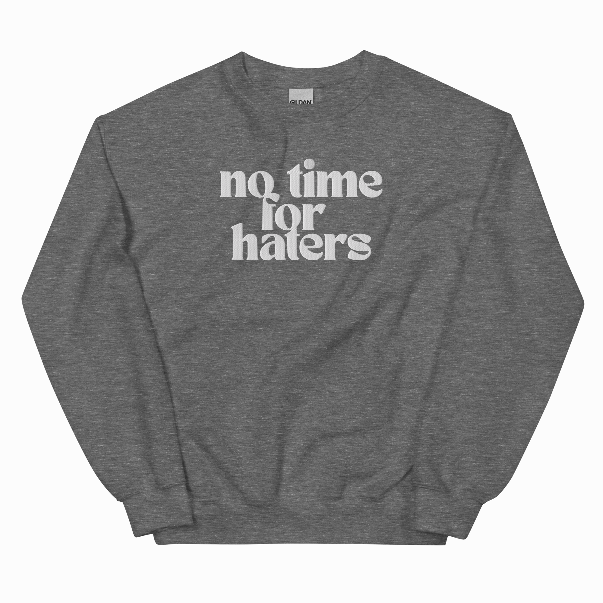 Dark gray sweatshirt with white graphic and text on a white background