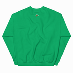 A bright green crewneck sweatshirt shown from the back, featuring a small circular logo with a red sun and white text near the upper center back.