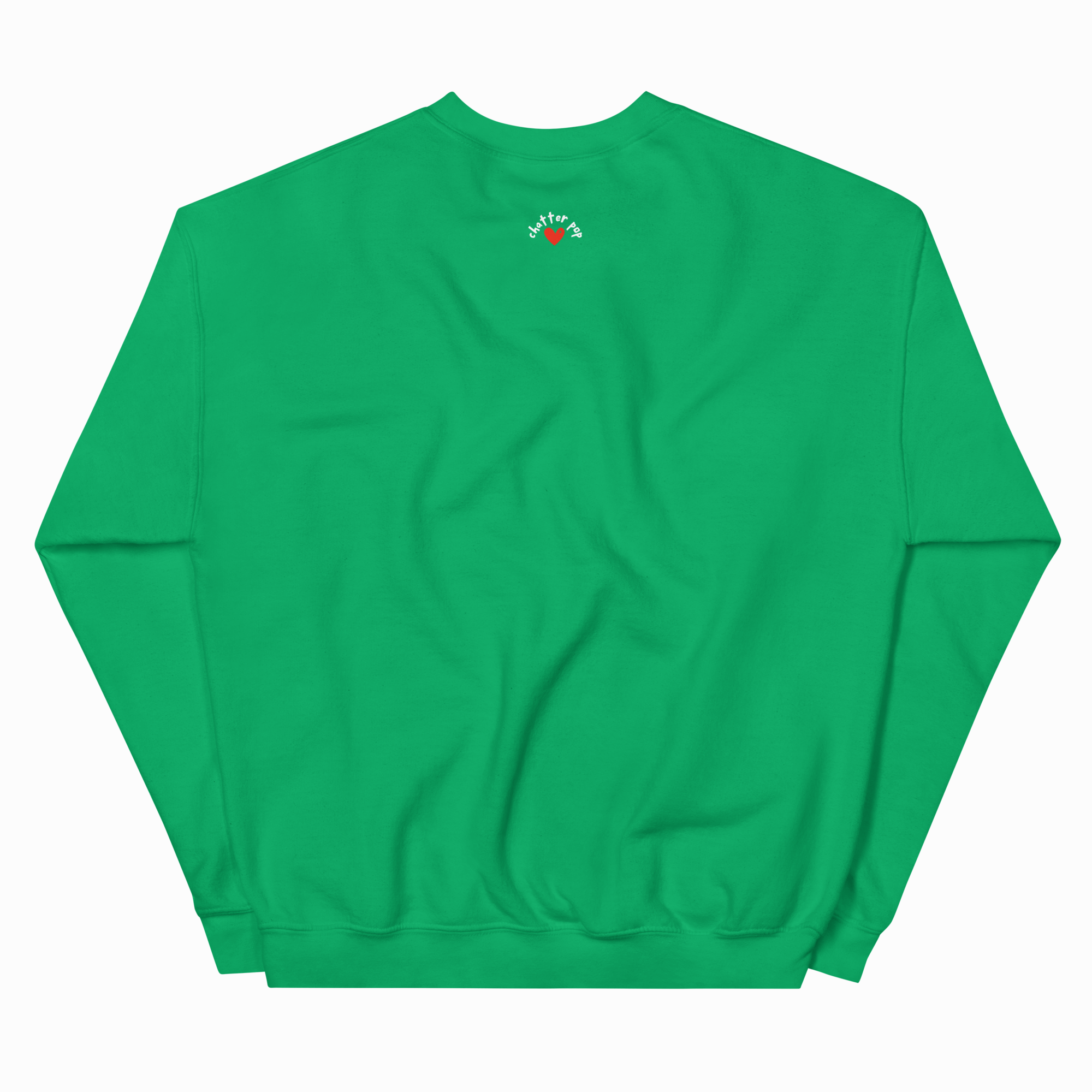 A bright green crewneck sweatshirt shown from the back, featuring a small circular logo with a red sun and white text near the upper center back.