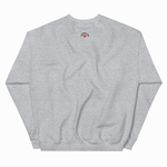 A light heather gray crewneck sweatshirt shown from the back, featuring a small graphic print near the upper center back with a red heart and black text.