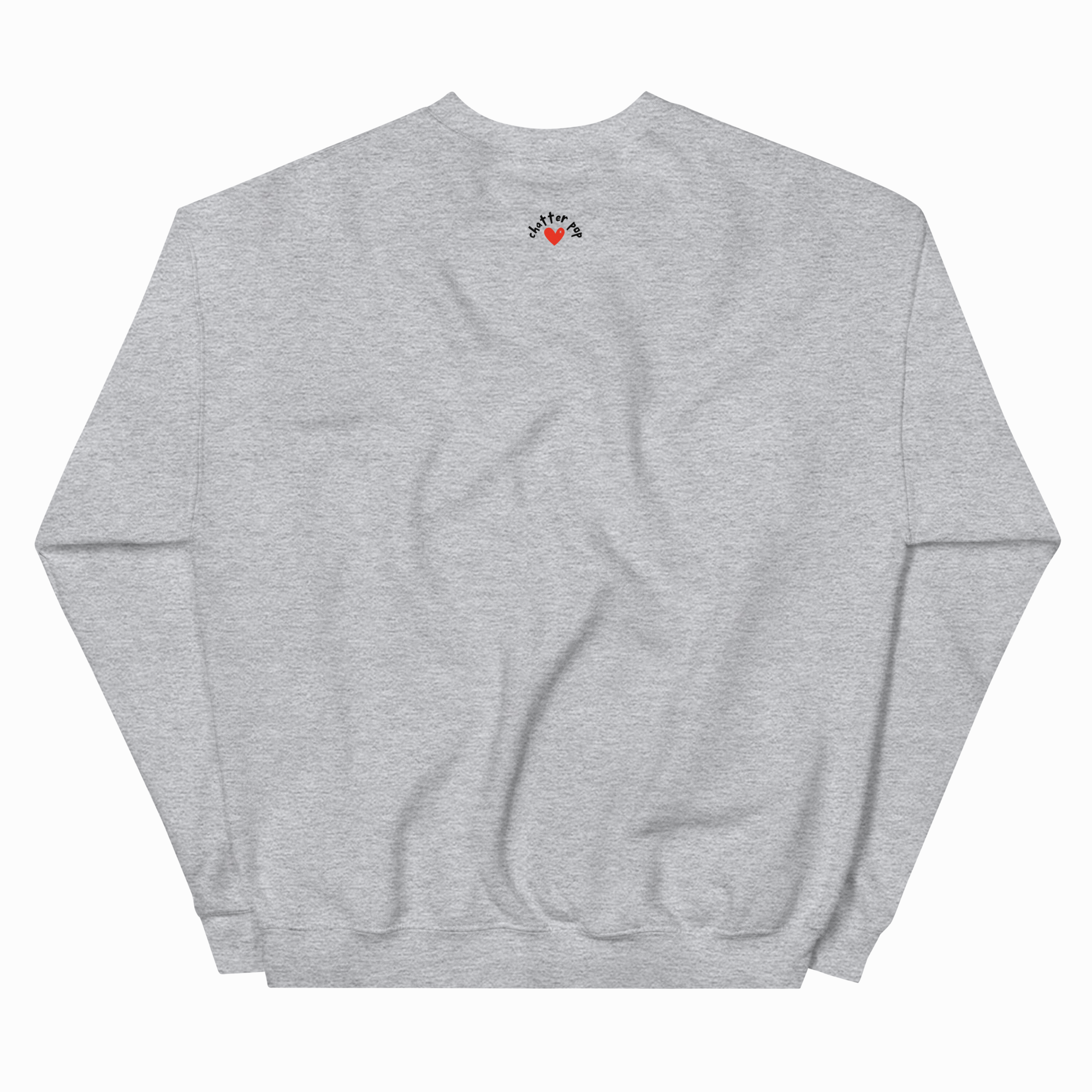 A light heather gray crewneck sweatshirt shown from the back, featuring a small graphic print near the upper center back with a red heart and black text.