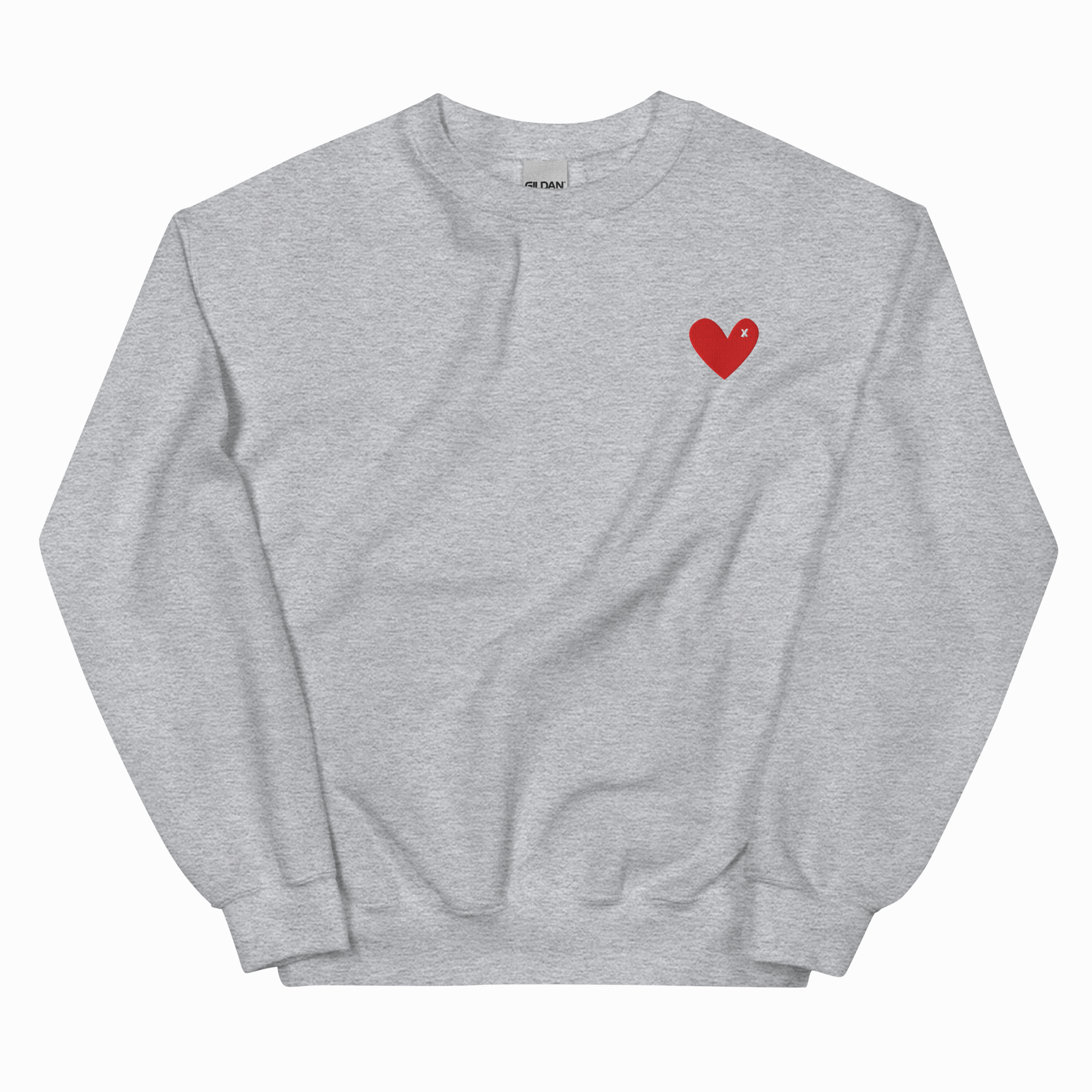 A light heather gray crewneck sweatshirt with a small red heart embroidered on the left chest, displayed flat against a white background.