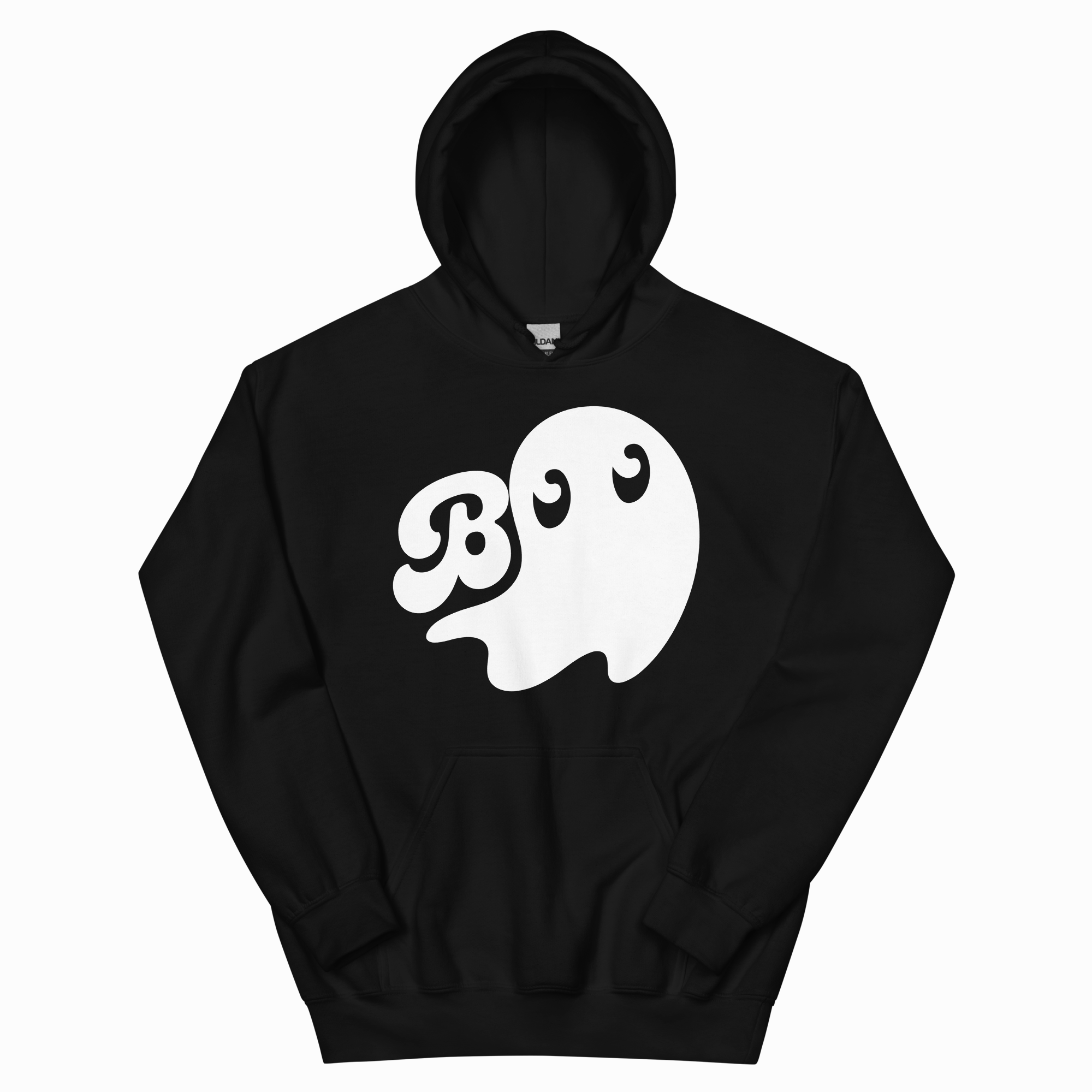 A black pullover hoodie with a white cartoon ghost graphic on the chest that contains the letter 'B' in a cloud-like shape, shown against a plain white background.