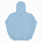 A light blue hoodie shown from the back, featuring a small graphic logo on the upper center back with the text 'SUNSET' and a red heart.