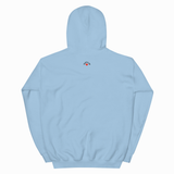 A light blue hoodie shown from the back, featuring a small graphic logo on the upper center back with the text 'SUNSET' and a red heart.