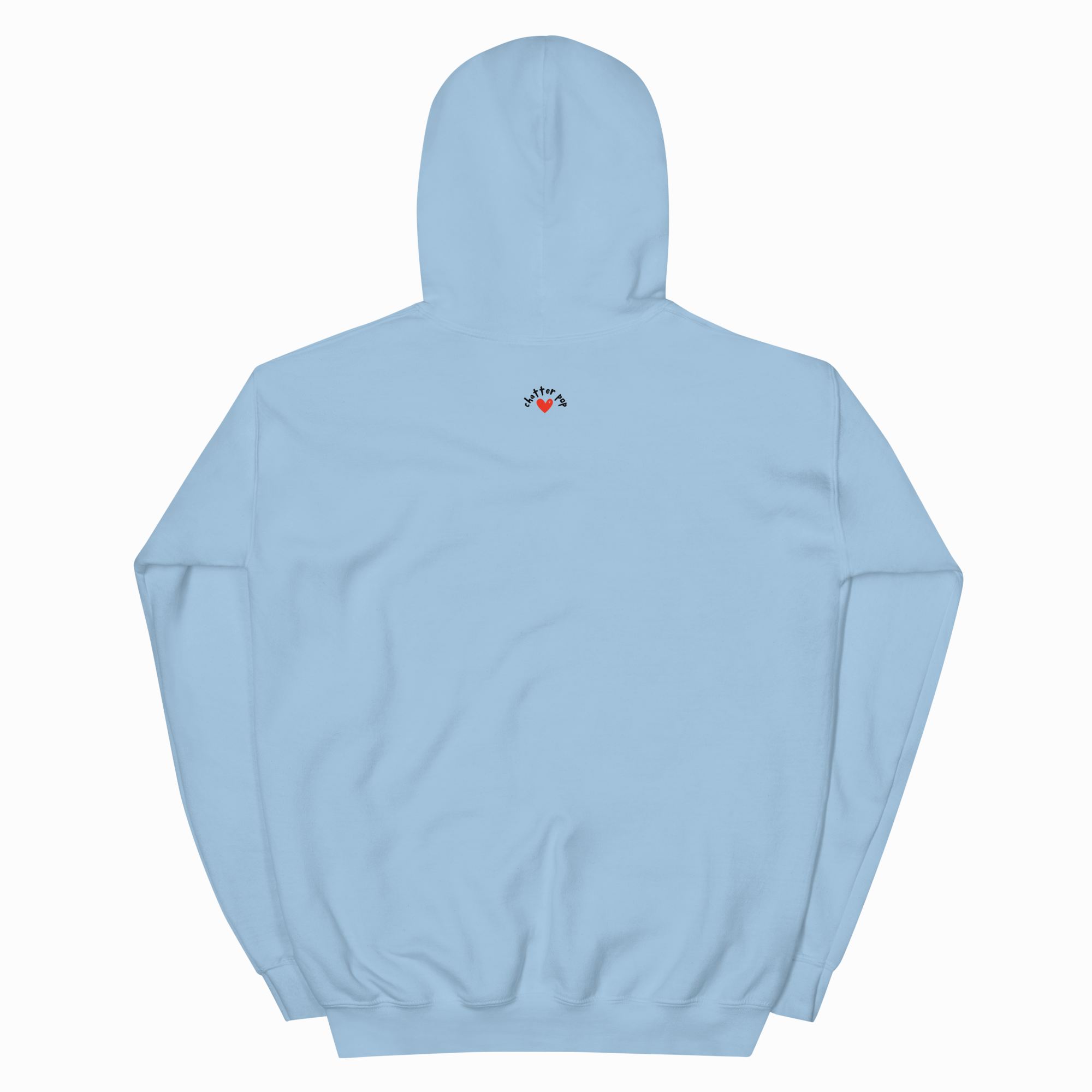 A light blue hoodie shown from the back, featuring a small graphic logo on the upper center back with the text 'SUNSET' and a red heart.