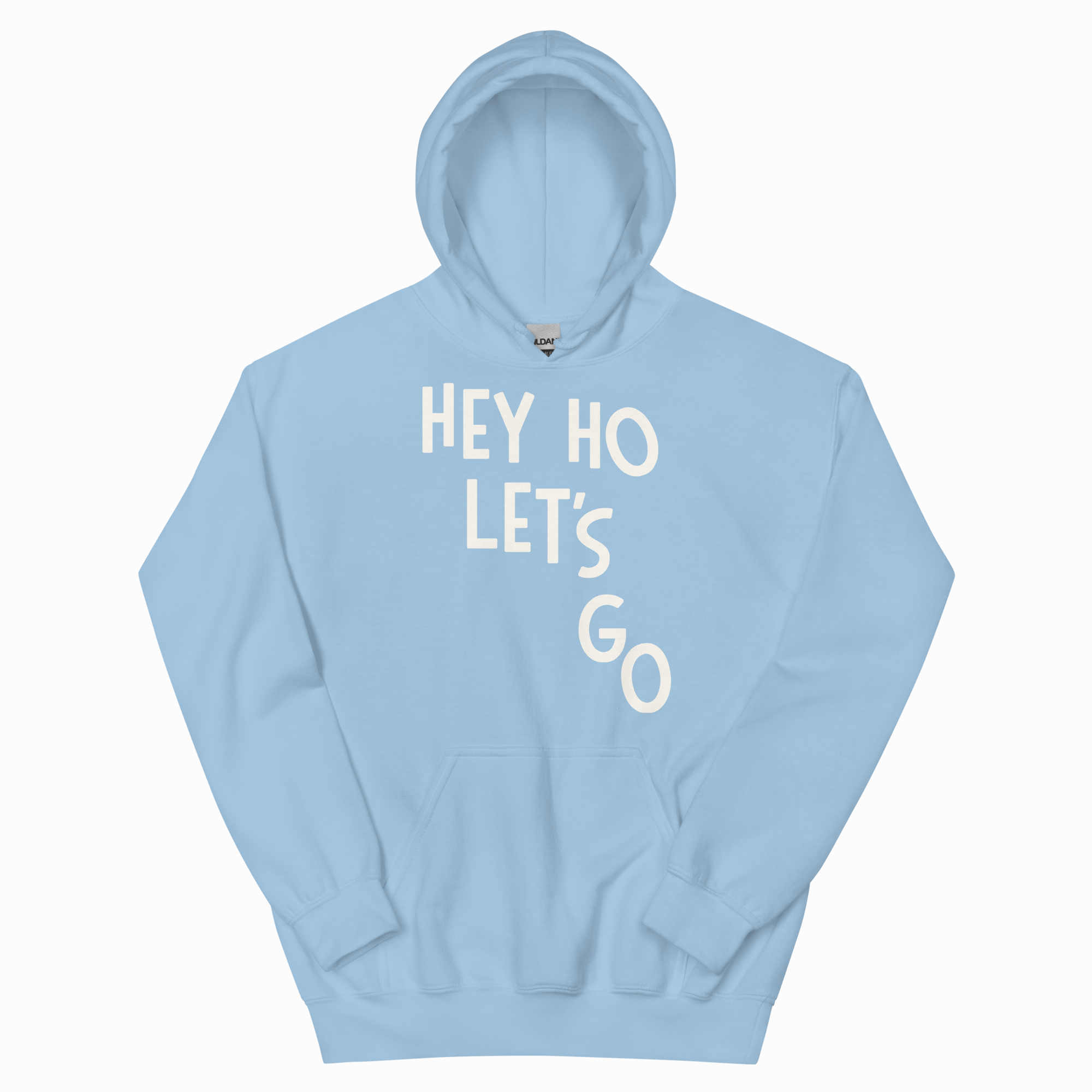 Light blue hoodie with 'HEY HO LET'S GO' text on a white background