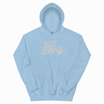 A light blue pullover hoodie with 'NOT SORRY' printed in a light beige script font across the chest, displayed on a clean white background.