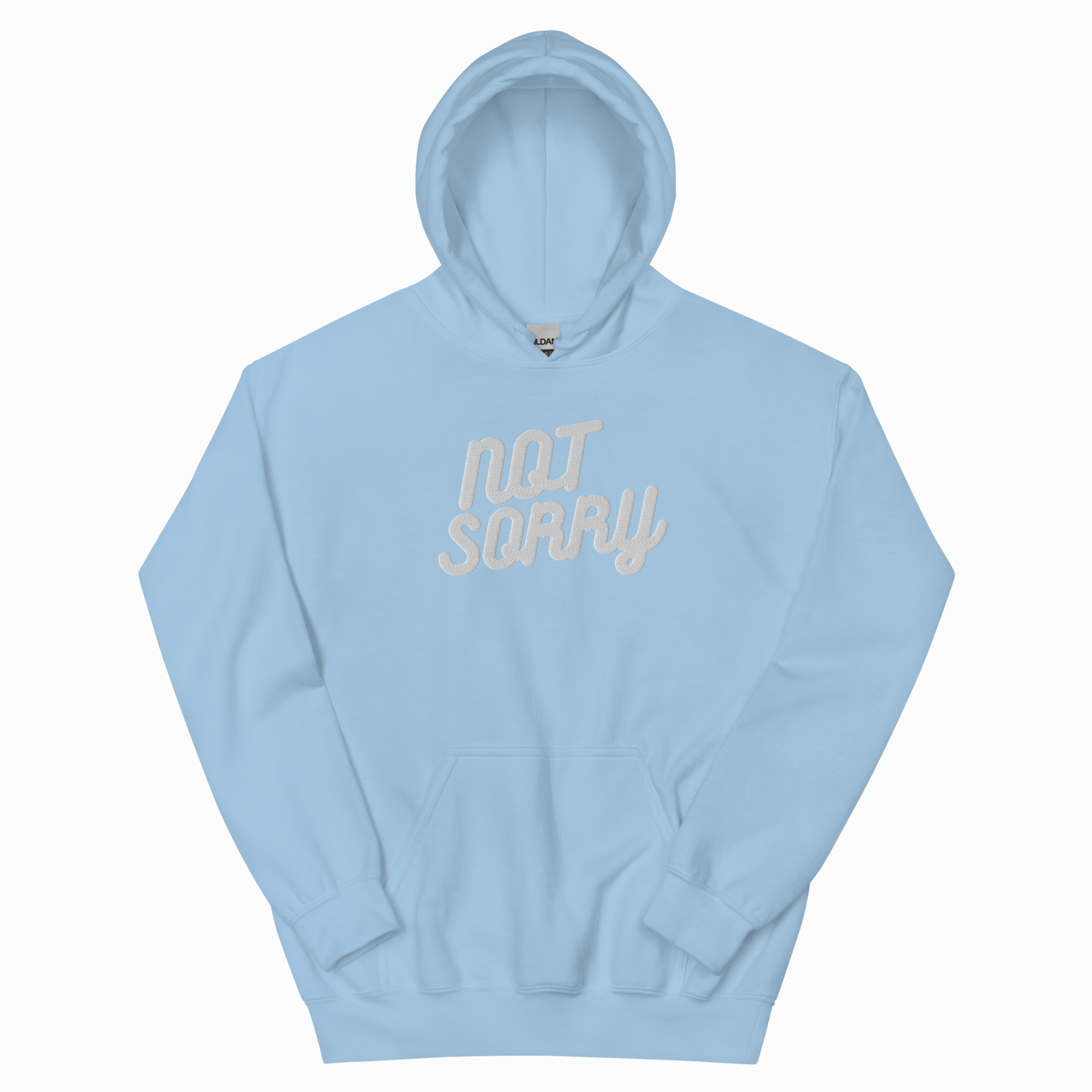 A light blue pullover hoodie with 'NOT SORRY' printed in a light beige script font across the chest, displayed on a clean white background.
