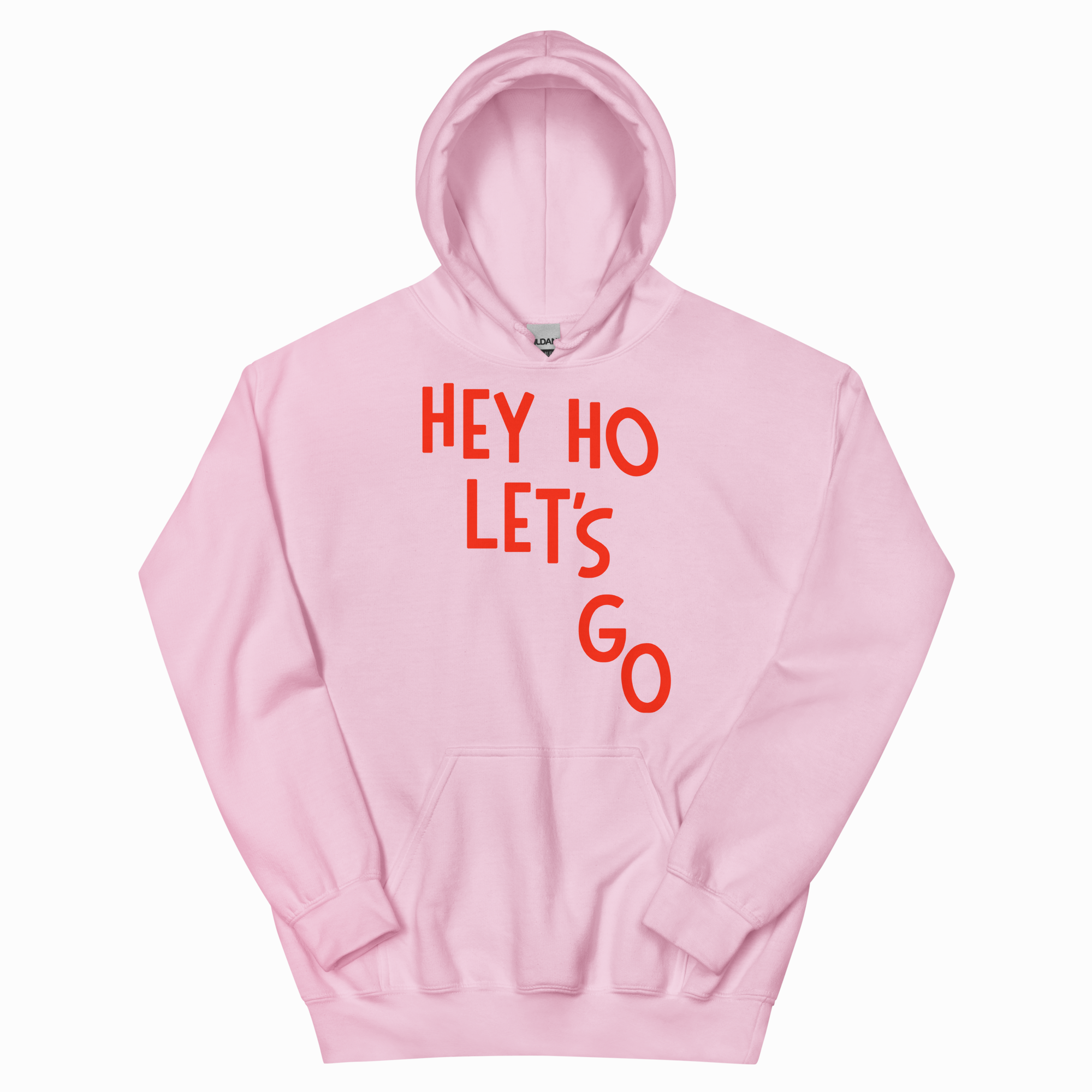 Pink hoodie with 'HEY HO LET'S GO' text in red on a white background