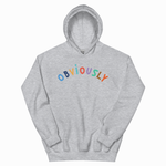 A light heather gray pullover hoodie featuring the word 'OBVIOUSLY' printed across the chest in a playful, multicolored lowercase font, shown against a plain white background.
